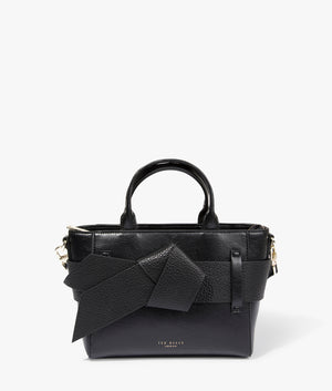 Jimsie mini knot bow bag in black by Ted Baker. EQVVS WOMEN Front Angle Shot.