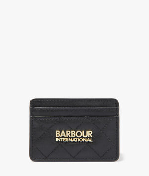 Credit card holder in black by Barbour International. EQVVS WOMEN Front Angle Shot.