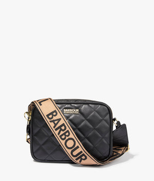 Sloane quilted crossbody in black by Barbour International. EQVVS WOMEN Front Angle Shot.