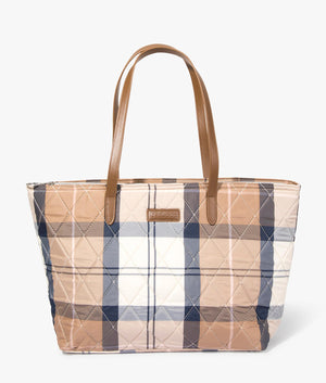 Wetherham quilted tartan shopper in primrose by Barbour. EQVVS WOMEN Front Angle Shot.