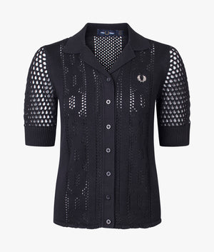 Open knit button through shirt in black