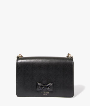 Baeleen bow detail leather crossbody in black by Ted Baker. EQVVS WOMEN Front Angle Sot.