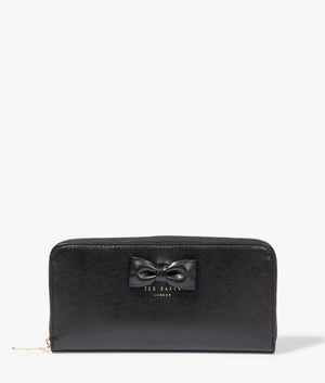 Beyla bow detail zip around purse in black by Ted Baker. EQVVS Front Angle Shot.