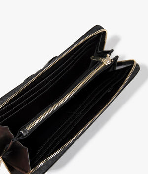 Beyla bow detail zip around purse in black by Ted Baker. EQVVS Open Detail Shot.