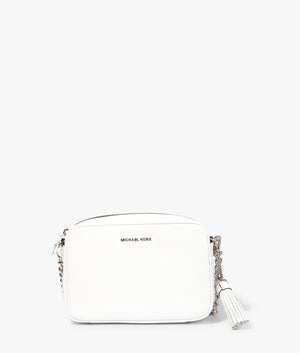 Jet set camera bag in optic white by Michael Kors. EQVVS Front Angle Shot.