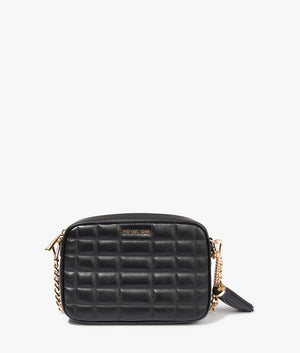 Jet set quilted crossbody bag in black. EQVVS WOMEN Front Angle Shot.