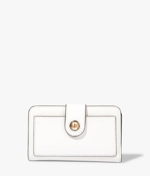 MK charm bifold wallet in optic white by Michael Kors. EQVVS WOMEN Front Angle Shot.
