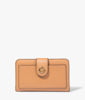 MK charm bifold wallet in pale peanut by Michael Kors. EQVVS WOMEN Front Angle Shot.