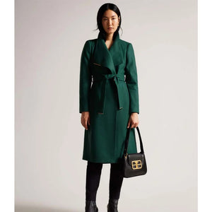 Rose mid length belted wool wrap coat in dark green