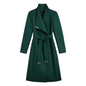 Rose mid length belted wool wrap coat in dark green