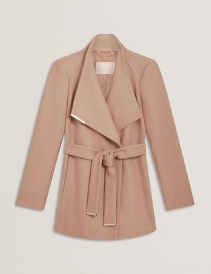 Rosess short belted wool wrap coat in camel