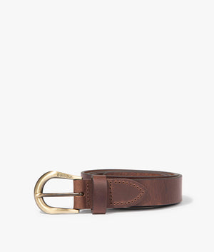Allanton leather belt in brown by Barbour. EQVVS WOMEN Front Angle Shot.