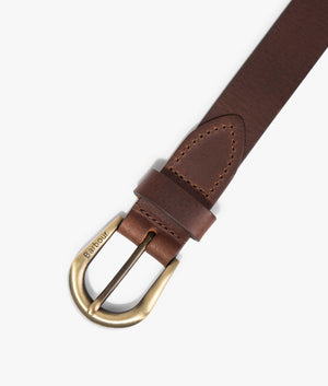 Allanton leather belt in brown by Barbour. EQVVS WOMEN Detail Shot. 