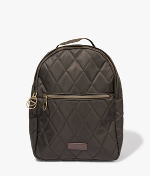 Quilted backpack in olive by Barbour. EQVVS WOMEN Front Angle Shot.