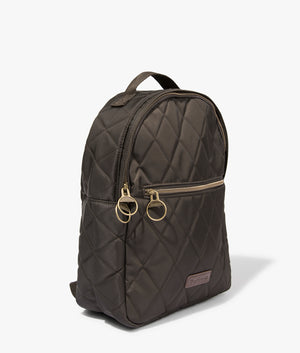 Quilted backpack in olive by Barbour. EQVVS WOMEN Side Angle Shot.