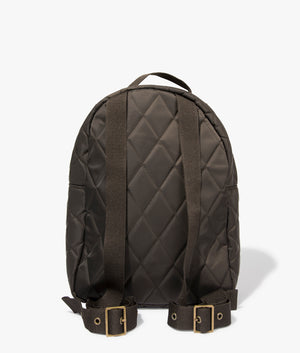 Quilted backpack in olive by Barbour. EQVVS WOMEN Back Angle Shot.