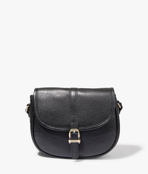 Laire medium leather saddle bag in black by Barbour. EQVVS WOMEN Front Angle Shot.