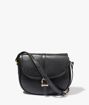 Laire medium leather saddle bag in black by Barbour. EQVVS WOMEN Front Angle Shot.