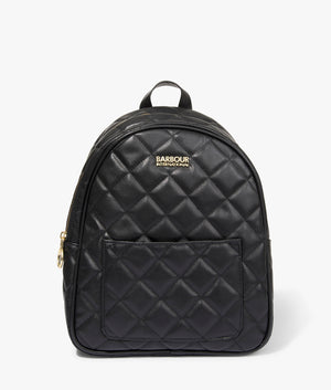 Uxbridge quilted backpack in black by Barbour International. EQVVS WOMEN Front Angle Shot.