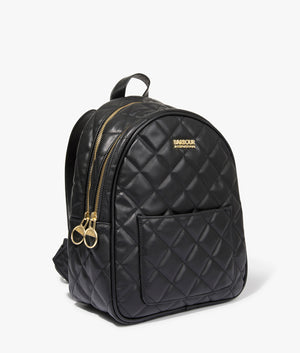 Uxbridge quilted backpack in black by Barbour International. EQVVS WOMEN Side Angle Shot