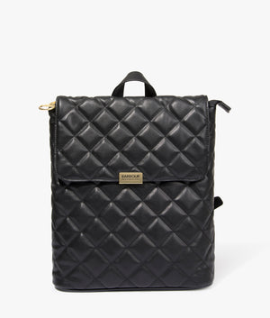 Hoxton backpack in black by Barbour International. EQVVS WOMEN Front Angle Shot.