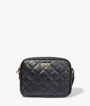 Sloane quilted crossbody in black by Barbour International. EQVVS WOMEN Front Angle Shot.