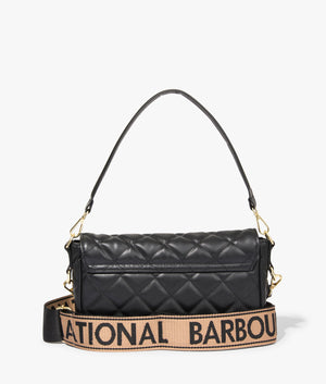 Soho quilted shoulder bag in black by Barbour International. EQVVS WOMEN Back Angle Shot.