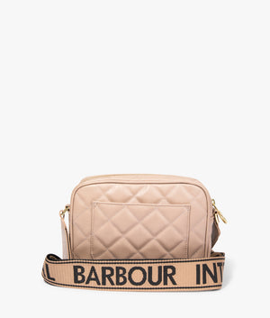 Sloane quilted crossbody in camel by Barbour International. EQVVS WOMEN Back Angle Shot.