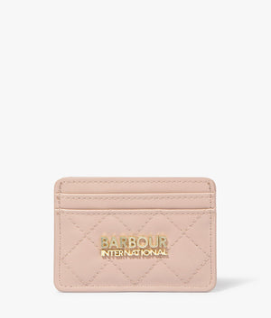 Card holder in camel by Barbour International. EQVVS WOMEN Front Angle Shot.