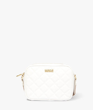 Sloane quilted crossbody in white by Barbour International. EQVVS WOMEN Front Angle Shot.