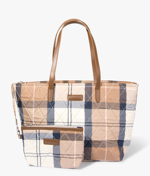 Wetherham quilted tartan shopper in primrose by Barbour. EQVVS WOMEN Front Angle Shot.