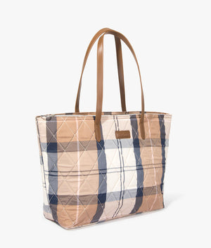 Wetherham quilted tartan shopper in primrose by Barbour. EQVVS WOMEN Side Angle Shot.