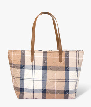 Wetherham quilted tartan shopper in primrose by Barbour. EQVVS WOMEN Back Angle Shot.