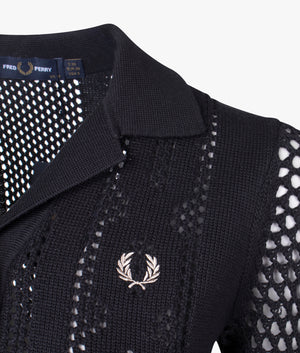 Open knit button through shirt in black