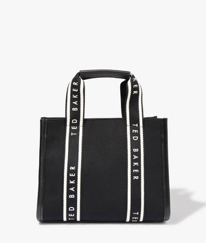 Georjea branded webbing canvas small tote in black by Ted Baker. EQVVS WOMEN Front Angle Shot.