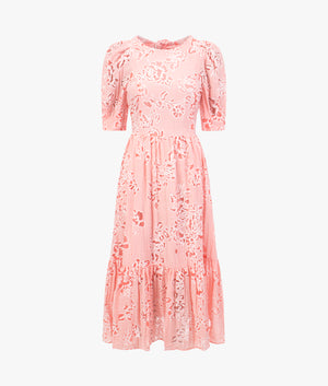 Esthher puff sleeved tier midi dress in coral