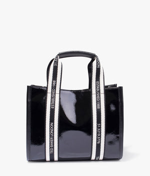 Celiane branded webbing patent small tote in black