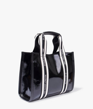 Celiane branded webbing patent small tote in black