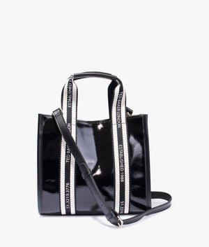 Celiane branded webbing patent small tote in black