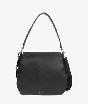Darciel branded webbing hobo bag in black by Ted Baker. EQVVS WOMEN Front Angle Shot.