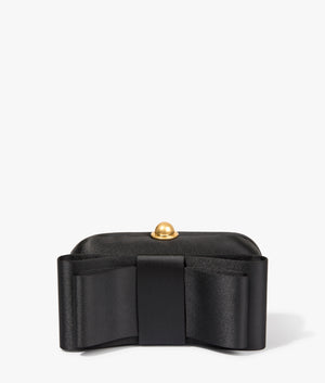 Bowela satin bow clutch in black by Ted Baker. EQVVS WOMEN Front Angle Shot.