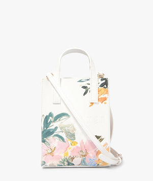 Meaidon painted meadow nano bag in cream by Ted Baker. EQVVS WOMEN Front Angle Shot.
