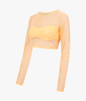 Mesh long sleeved cropped top in crushed orange