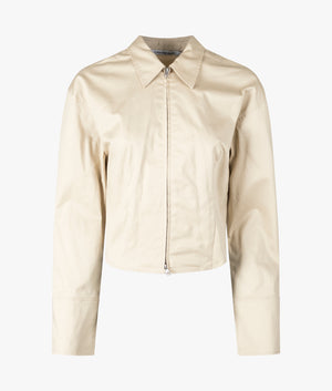 Zipped cotton long sleeved shirt in pale khaki