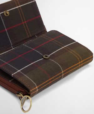 Rosa leather french purse in brown and classic tartan