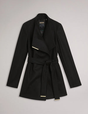 Rosess short belted wool wrap coat in black
