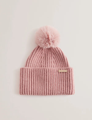 Emilyya Ribbed Knit Fluffy Bobble Hat in dusky pink