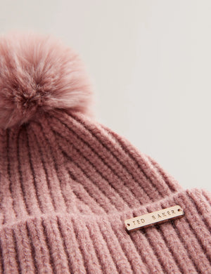 Emilyya Ribbed Knit Fluffy Bobble Hat in dusky pink