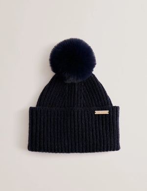Emilyya Ribbed Knit Fluffy Bobble Hat in navy