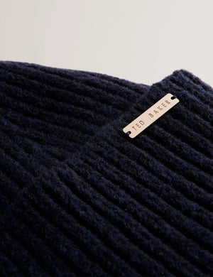 Emilyya Ribbed Knit Fluffy Bobble Hat in navy